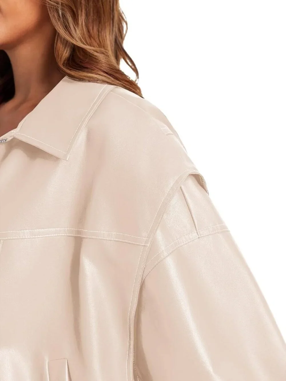 Women's Apricot Oversized Faux Leather Bomber Jacket Motorcycle ZIP Up Coat